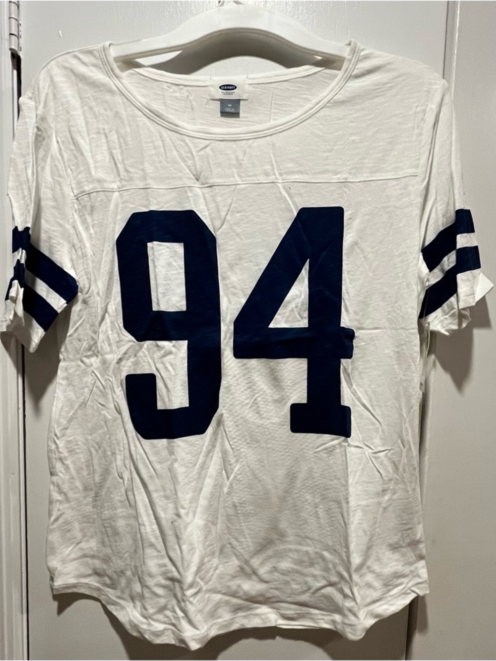 Old Navy White Graphic Tee “94” | Varsity Style Striped Sleeve | NWT | Size M